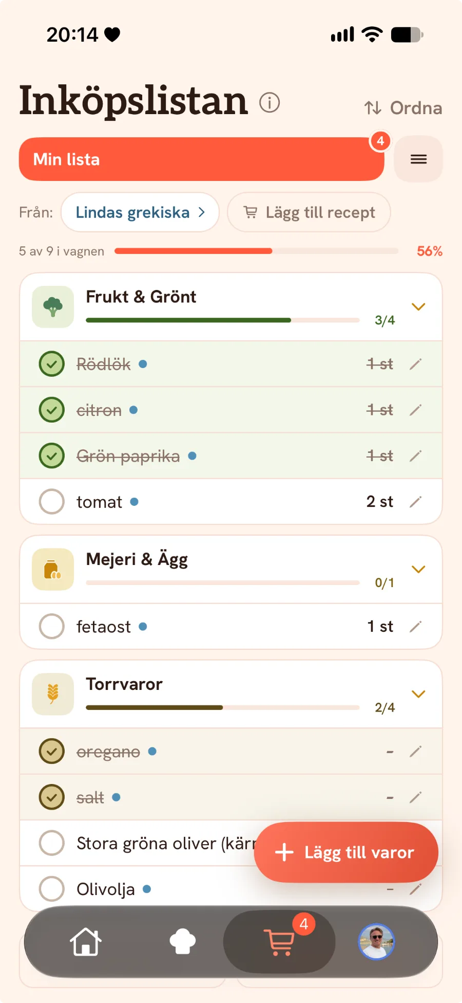 En delad inköpslista i SousChef